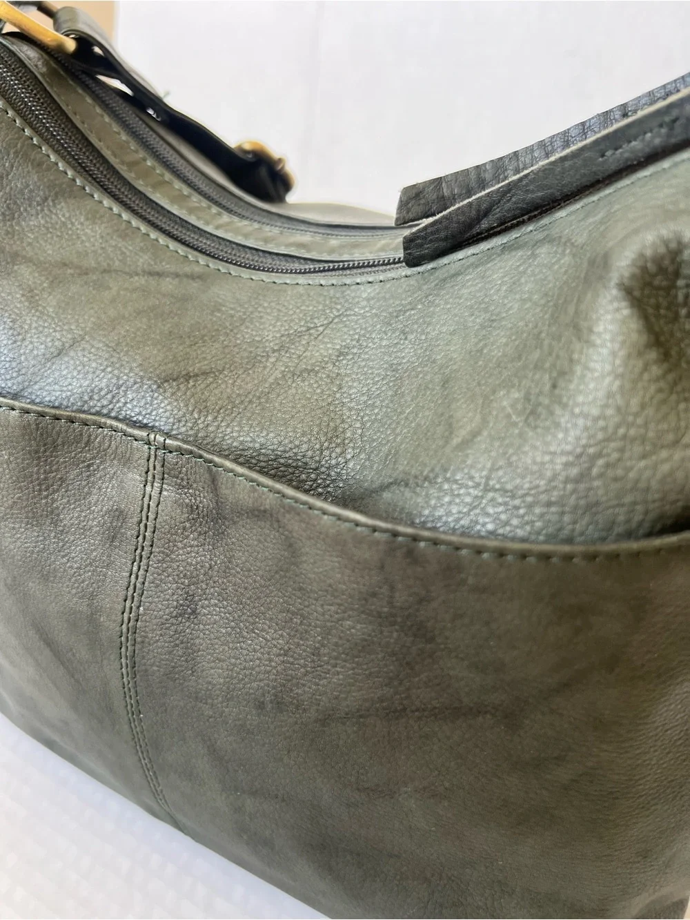 Great American LeatherWorks Slate Green Washed Leather Multi-Pocket Hobo Bag